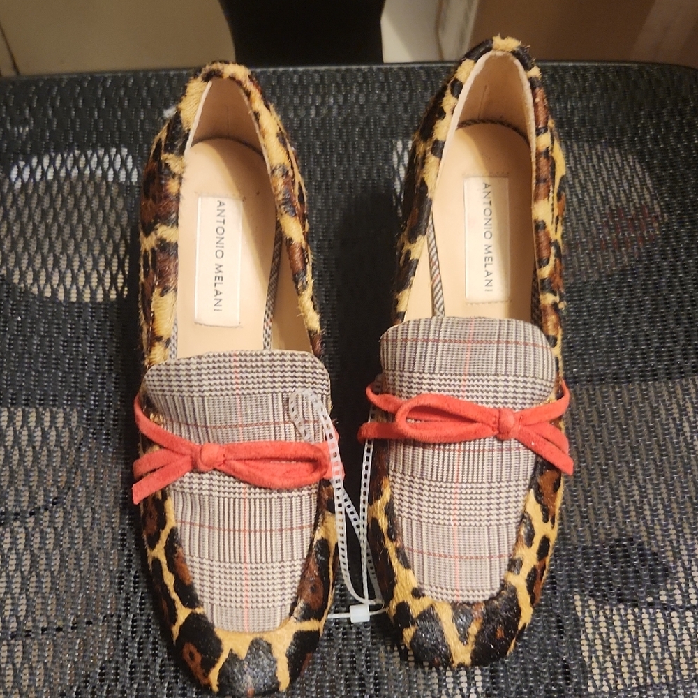 ANTONIO MELANI Leopard Print Flats with Red Bow